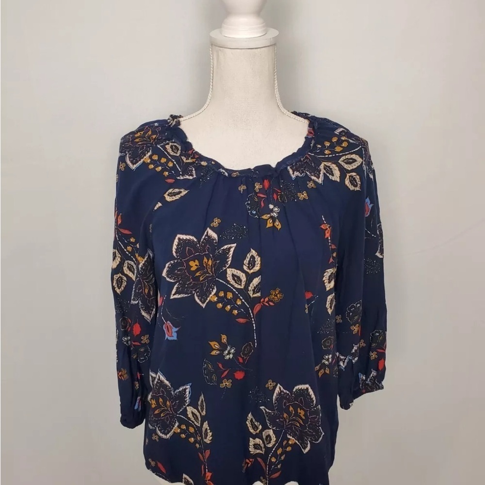 Daniel Rainn Blue Tan Relaxed 3/4 Sleeve Blouse
